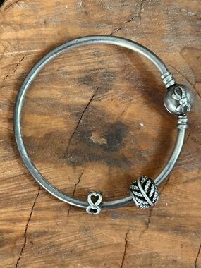 Pandora S925 ALE Bangle Bracelet with 2 Charms Open Heart Light As A Feather